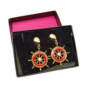 Avon Gold-Tone Nautical Wheel Drop Earrings Red & Gold Vintage-Inspired Jewelry